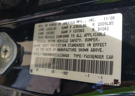 2007 Honda Accord Sdn Lx Se from USA, damaged, VIN 1HGCM66457A039946